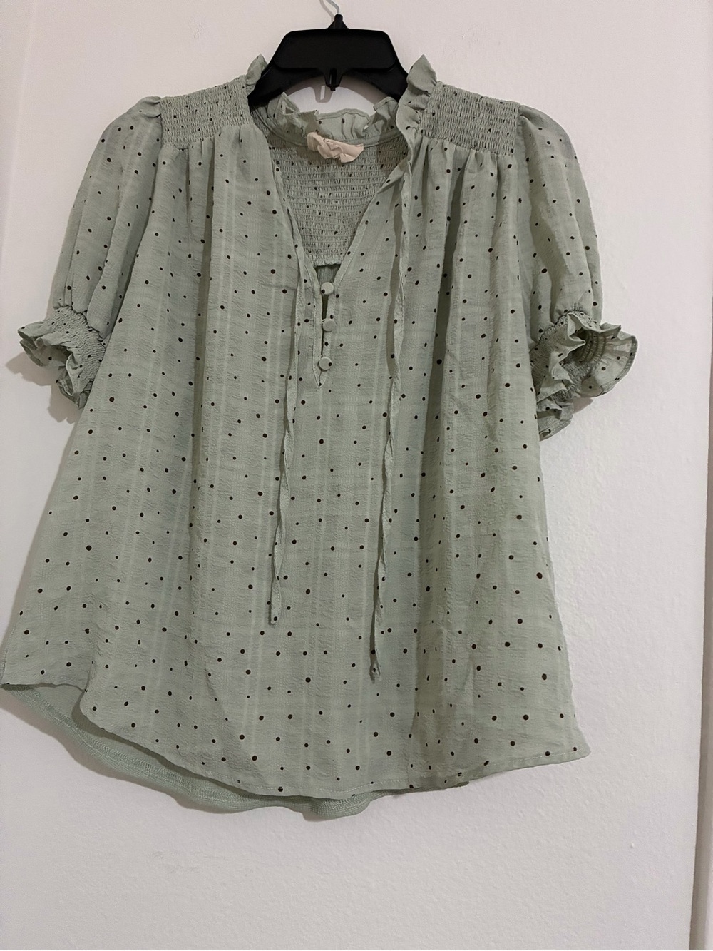 Sage Green Dot Smocked Yoke Peasant Blouse